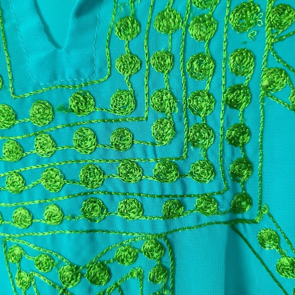 Gretchen Scott V Neck Embroidered Chiffon Tunic Top Sz S Blue Green 3/4 Slv FLAW - Picture 5 of 10